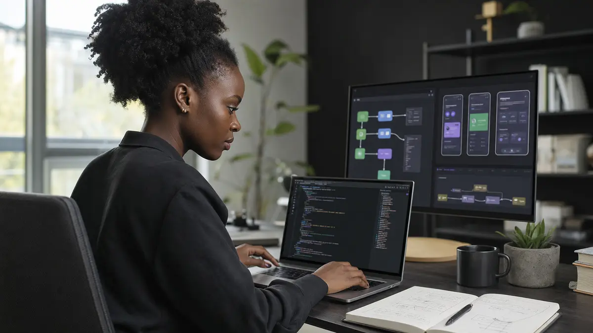 Individual building and reviewing a practical AI project at a workspace
