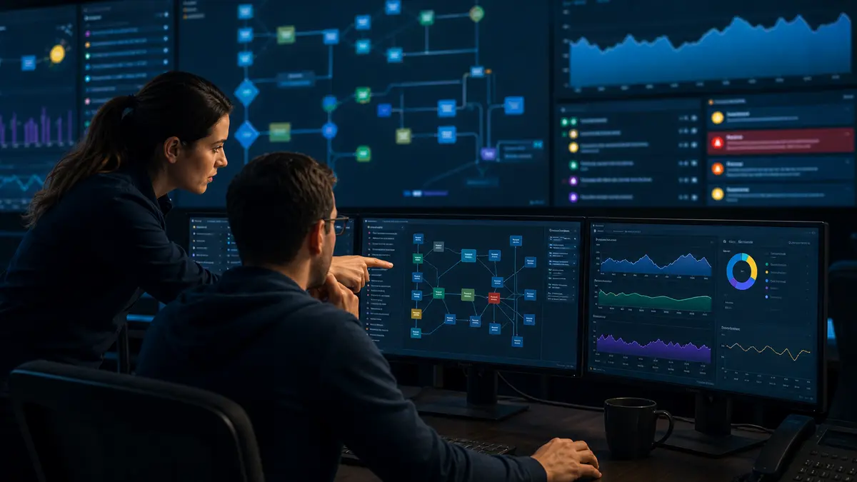 Operations team reviewing a custom AI system, monitoring, and human approval path